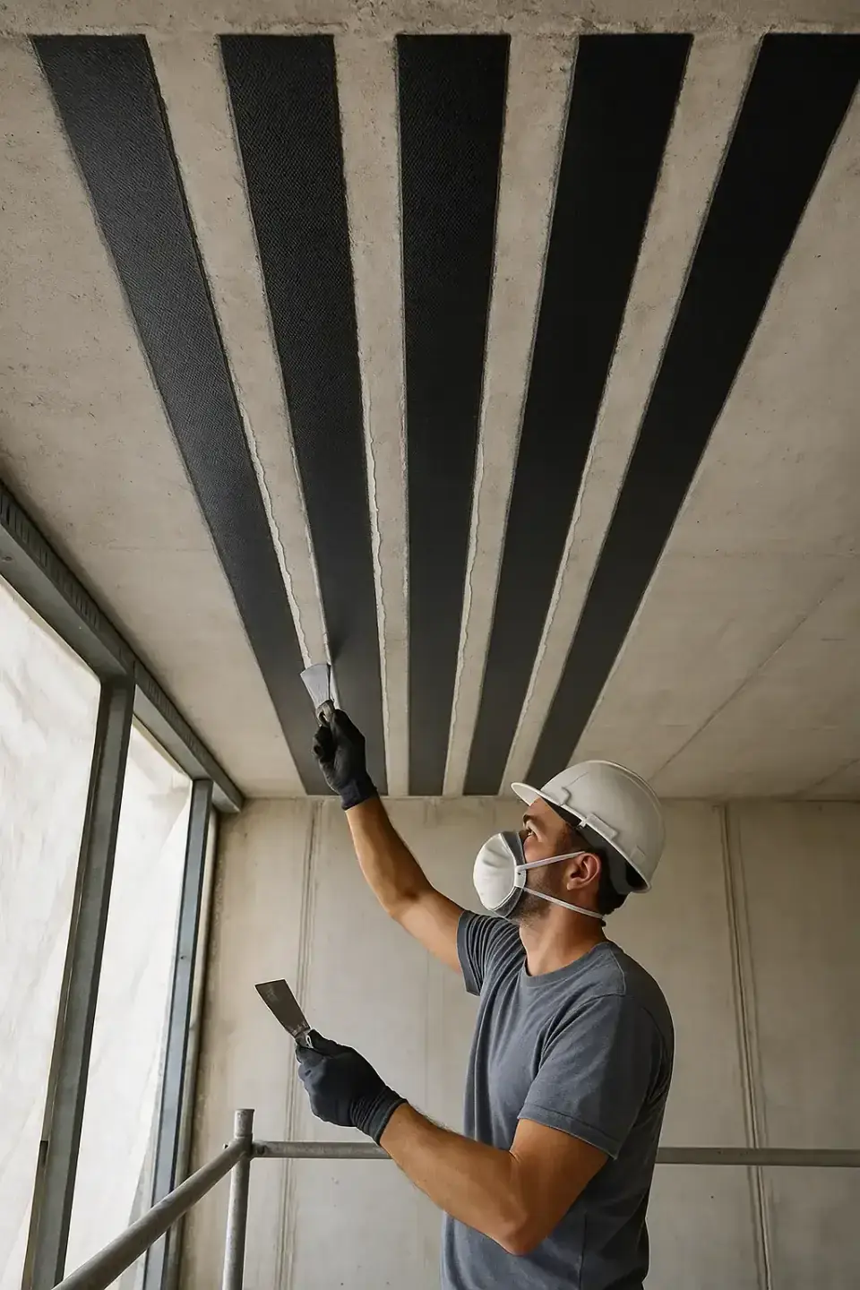 Carbon fiber strips applied to a concrete ceiling for structural reinforcement