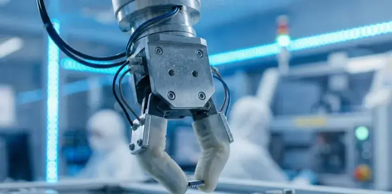 Industrial robotic arm with gripper in an automation cell